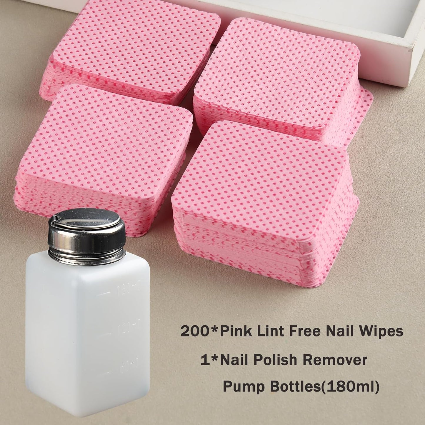 Alcohol Dispenser 180ml Push Down Pump Dispenser 200Pcs Lint Free Nail Wipes, Push Down Empty Bottle Metal Nail Polish Remover Pump, Lip & Eye Makeup Remover Bottle