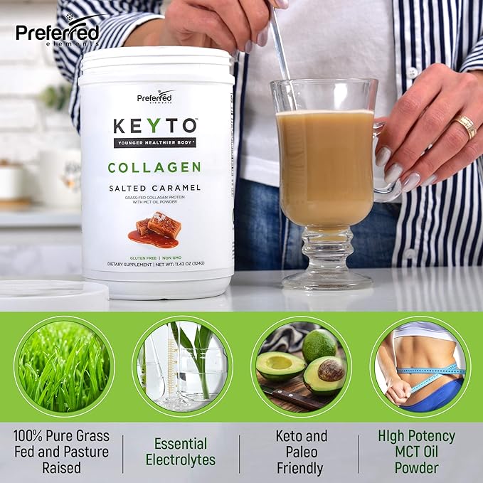 Keto Collagen Protein Powder with MCT Oil – Keto and Paleo Friendly Pure Grass Fed Pasture Raised Hydrolyzed Collagen Peptides KEYTO Salted Caramel Flavor