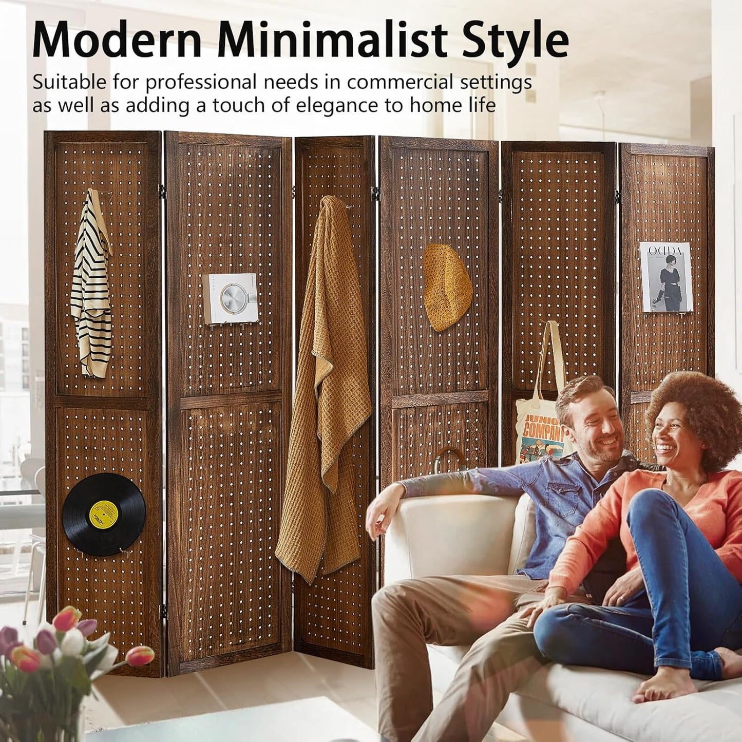 6 Panel Room Dividers and Folding Privacy Screens, Room Partitions and Dividers, Pegboard Display Board with 24 Hooks, Room Divider Panel for Bedroom, Jewelry Display Stand, Dark Brown