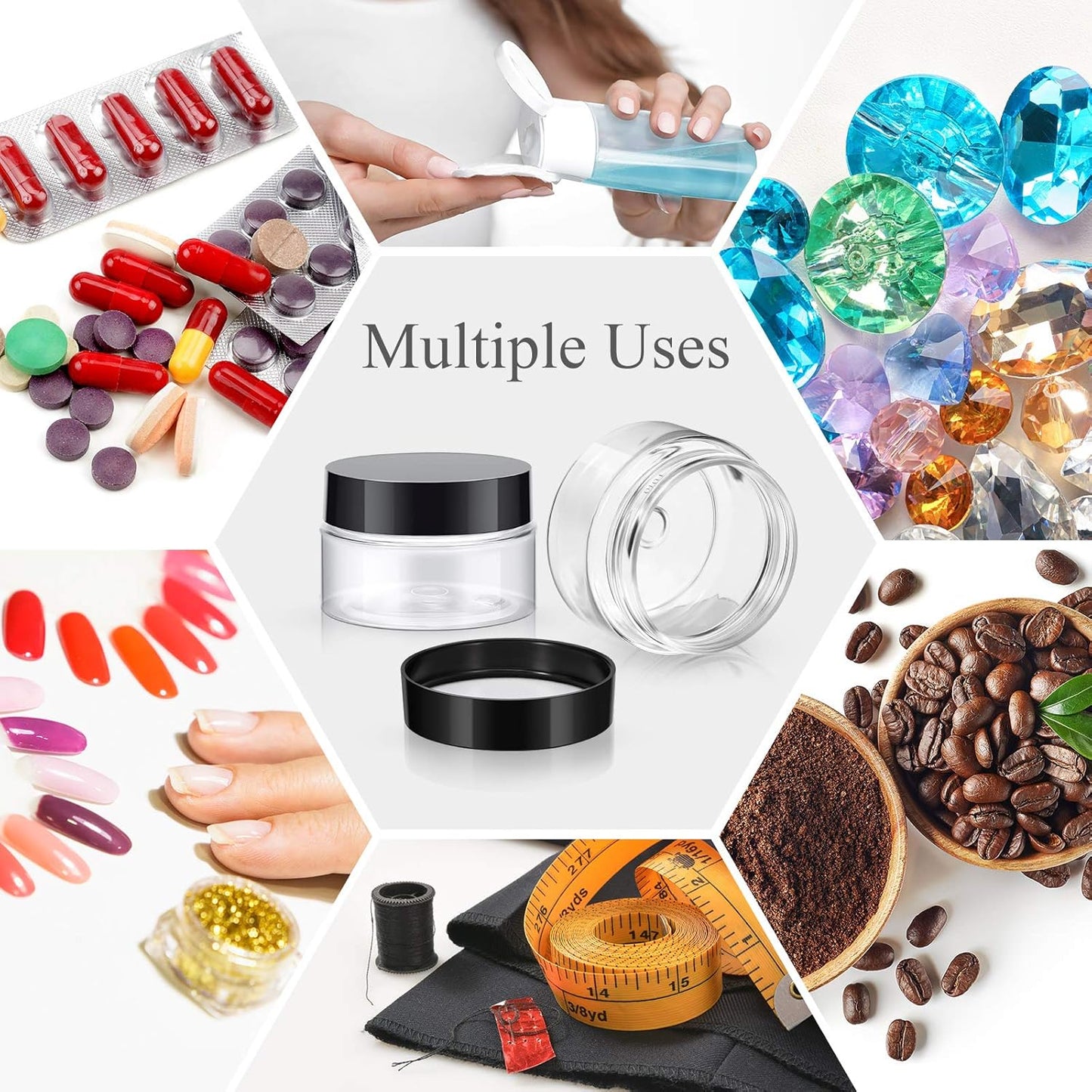 SATINIOR 12 Pack 1 oz Plastic Container Jars with Lids Round Clear Travel Cosmetic Container Jars for Toiletries, Lotion, Cream, Ointments, Makeup, Rhinestone, Samples, Kitchen Storage, Black