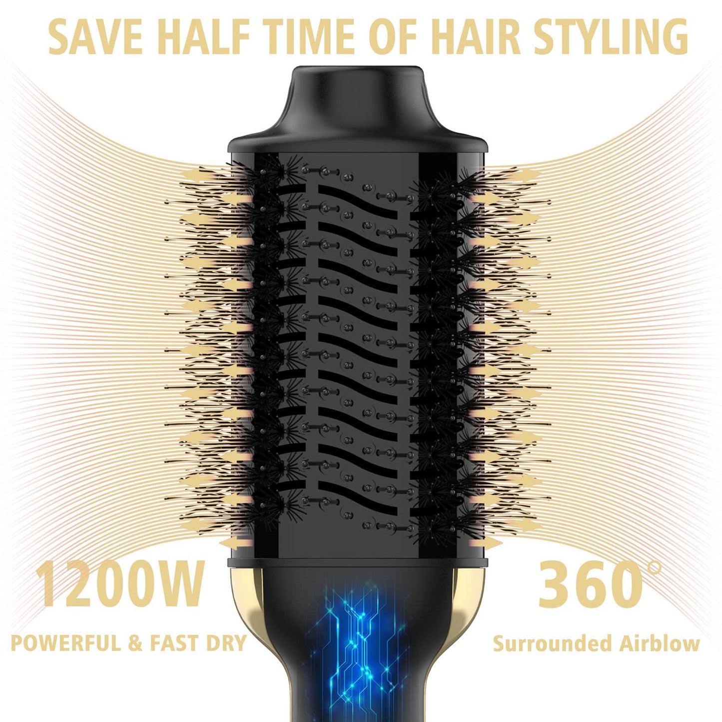 Hair Dryer Brush, 4 in 1 One Step Hair Dryer and Styler Volumizer Professional Hot Air Brush with Negative Ion Anti-frizz Blowout for Drying, Straightening Curling - Black Gold