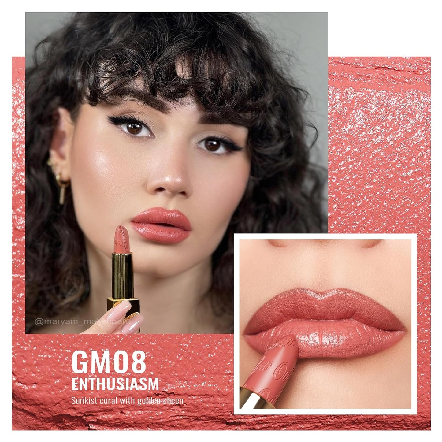 Oulac Coral Matte Lipstick with Glow Metallic Finish - Vegan Lipstick for Women, Creamy Texture, Hydrating Clean Beauty Formula, High-End Magnetic Hook Design, GM08 Enthusiasm
