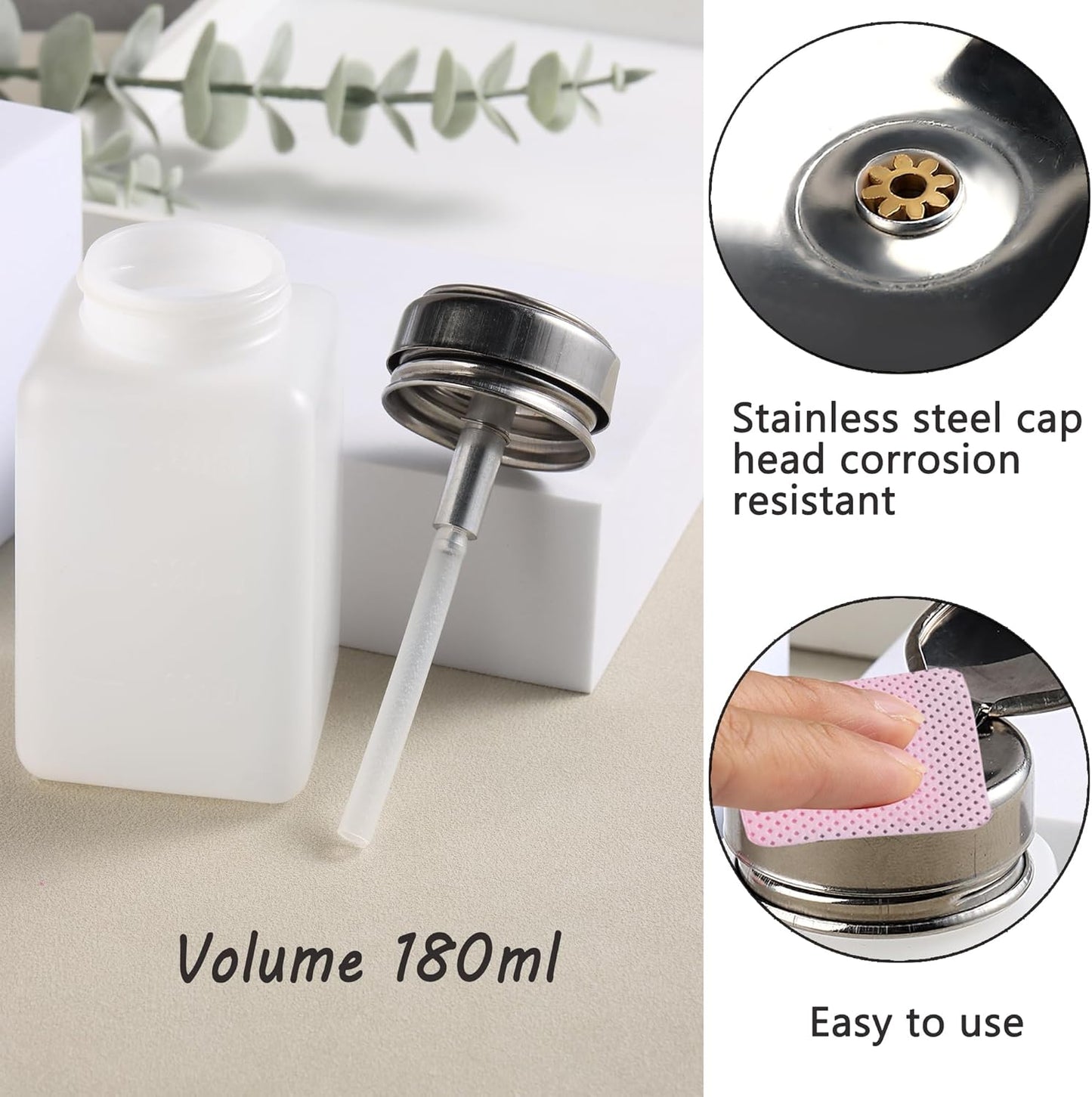 Alcohol Dispenser 180ml Push Down Pump Dispenser 200Pcs Lint Free Nail Wipes, Push Down Empty Bottle Metal Nail Polish Remover Pump, Lip & Eye Makeup Remover Bottle