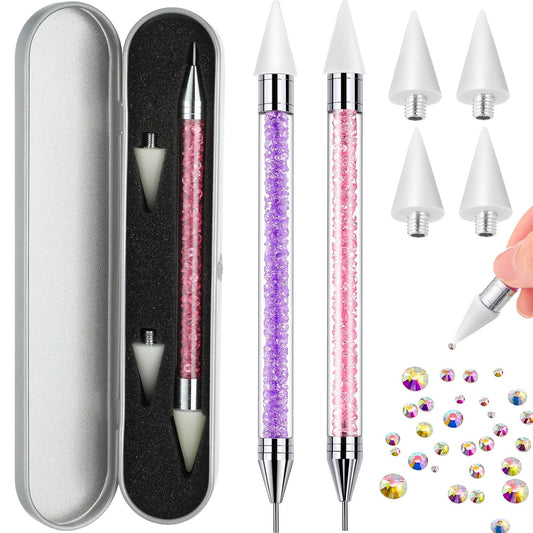 2 Pieces Rhinestone Picker Dotting Pen, Dual-ended Rhinestone Gems Crystals Studs Picker Wax Pencil Pen Crystal Beads Handle Manicure Nail Art DIY Decoration Tool (Pink Purple)