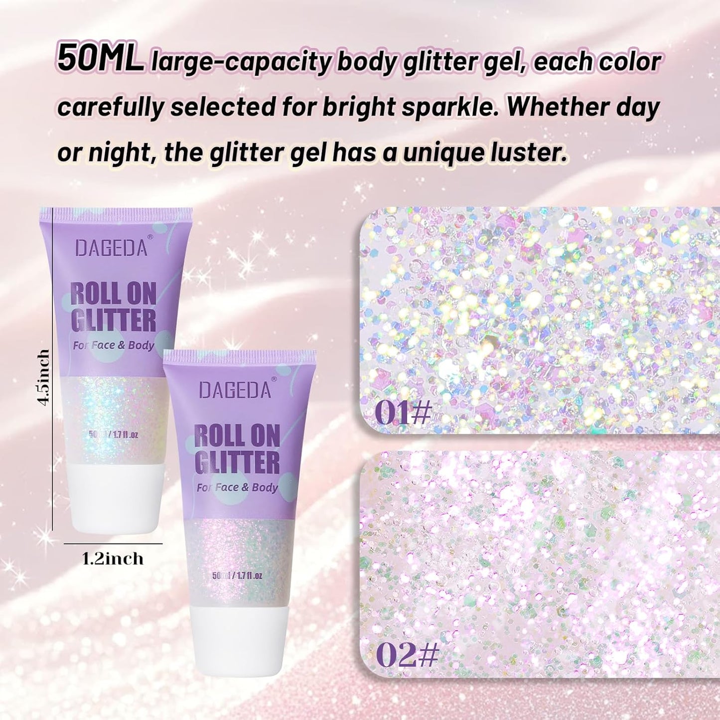 DAGEDA 2 Colors Roll-on Body Glitter, Eye Face Glitter Gel for Festival Outfit Mermaid Accessories,Holographic Color Body Shimmer Makeup Rave Outfits Accessories for Women(01+02)