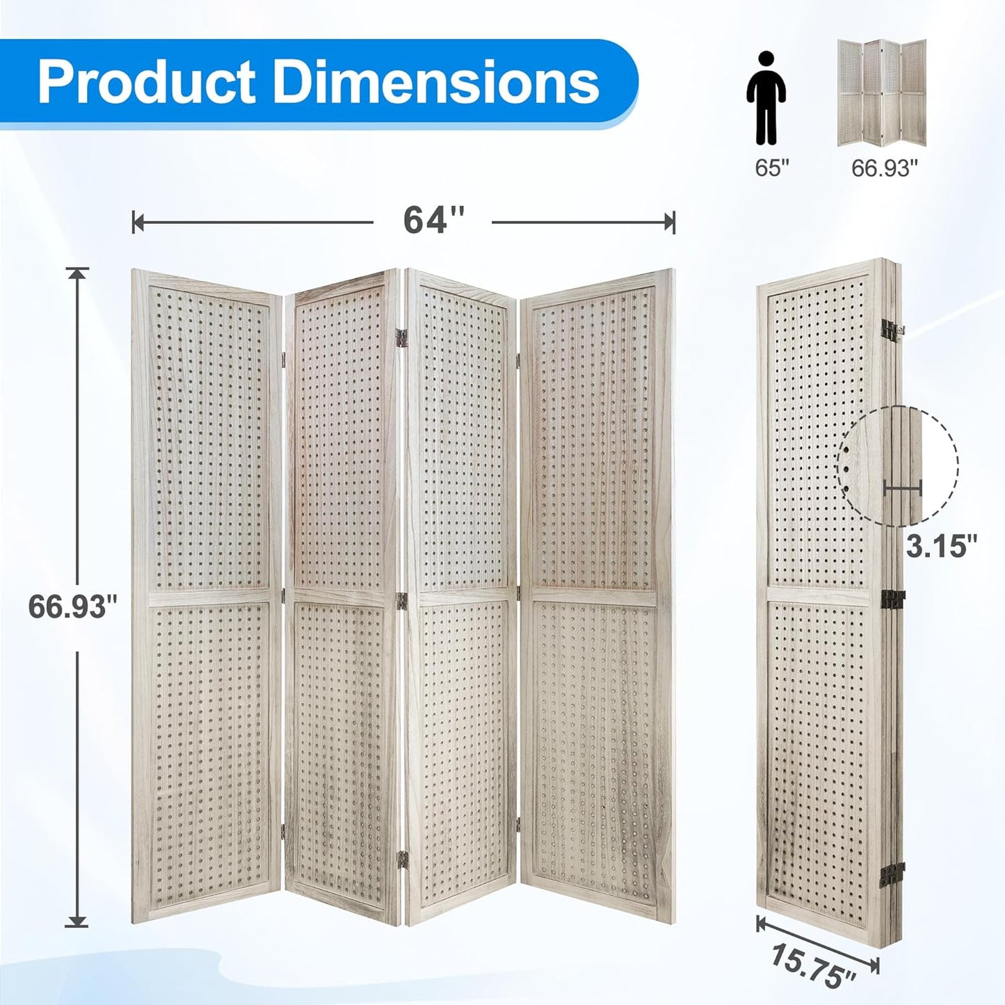 2 PCS Room Dividers 4 Panel Pegboard Display 5.6FT Wood PegBoard Room Divider,Folding Privacy Screens Portable Freestanding Partition Wall Divider for Art Shows & Room Separation, Natural Wood