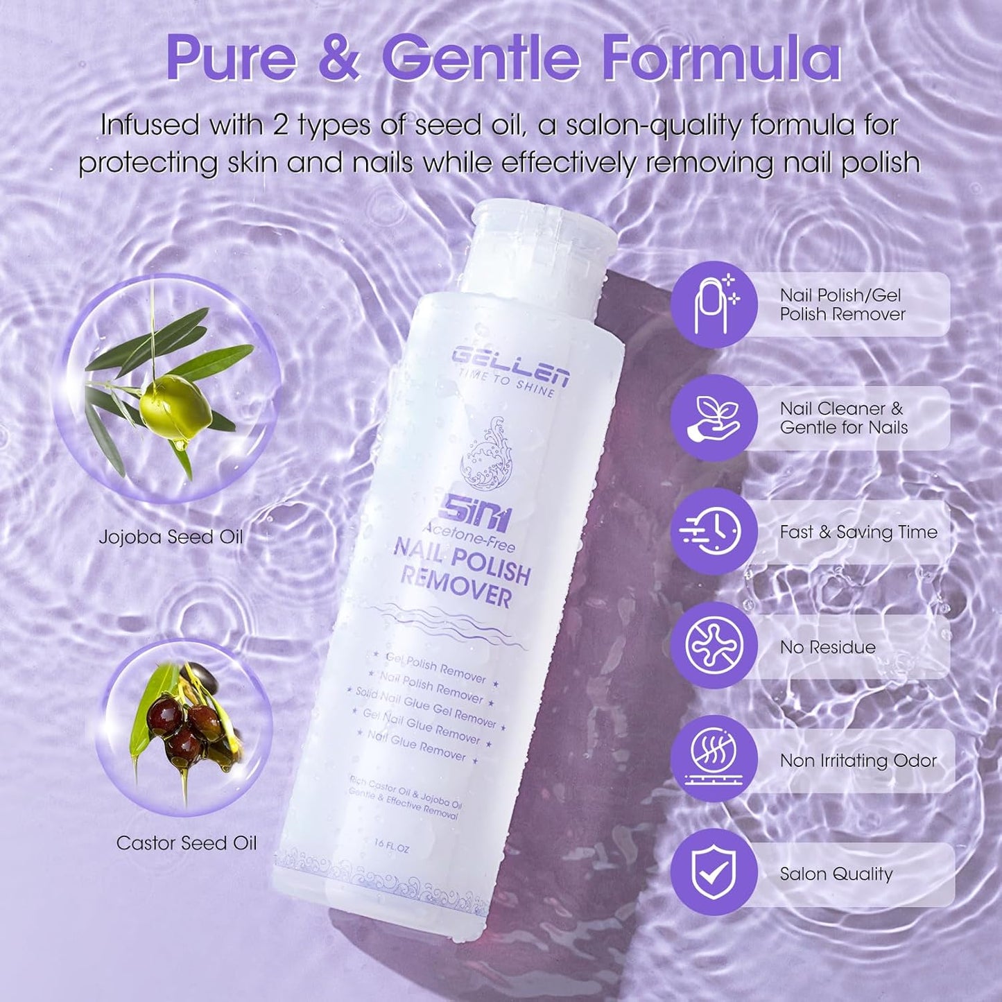 Gellen 16 Fl Oz Nail Polish Remover Non Acetone, Professional Nail Polish Remover Pump | Soak off Gel Polish Remover Kit for Nails | Multifunctional 5 in 1 Gel Nail Remover