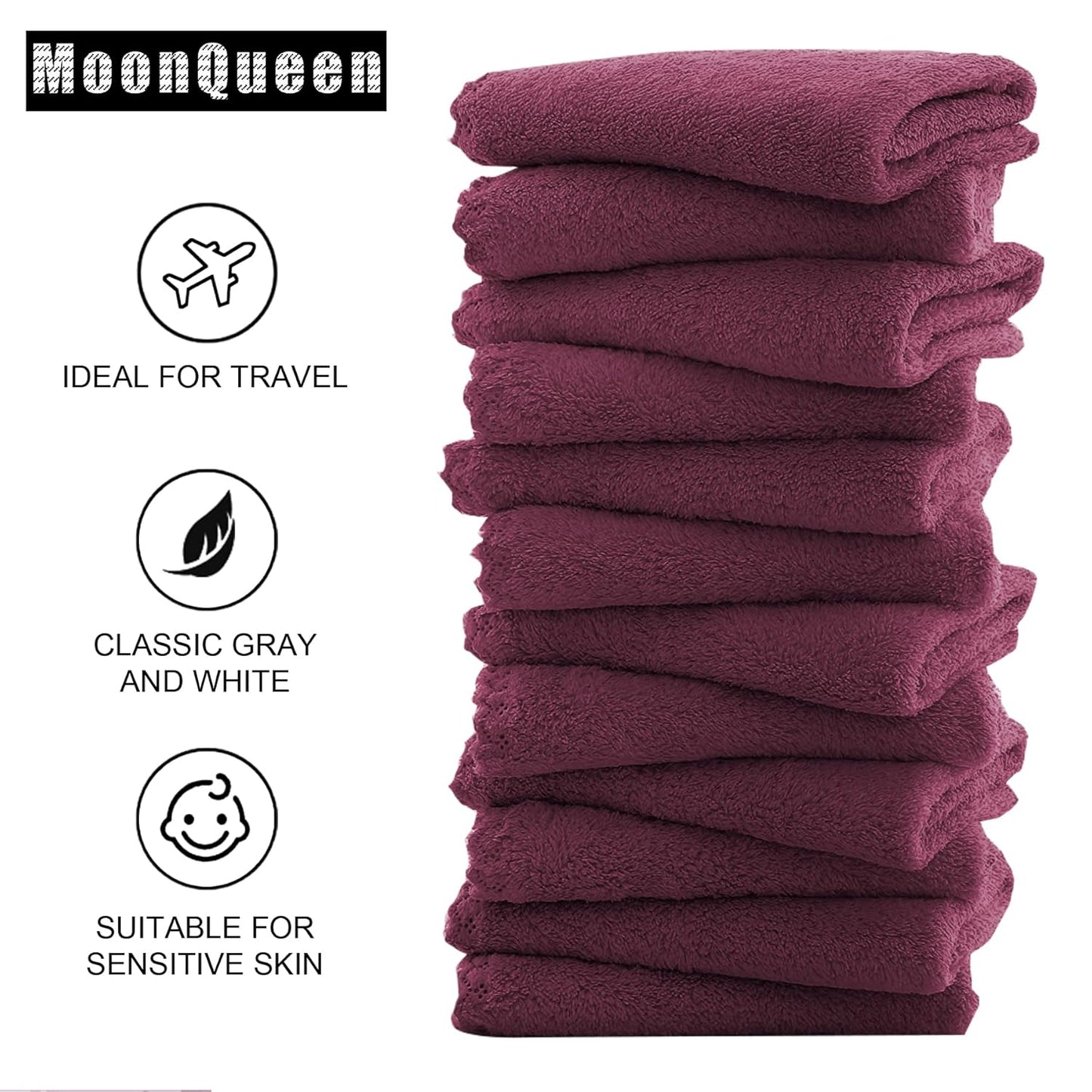 MOONQUEEN Microfiber Facial Cloths Fast Drying Washcloth 12 Pack - Premium Soft Makeup Remover Cloths - Burgundy