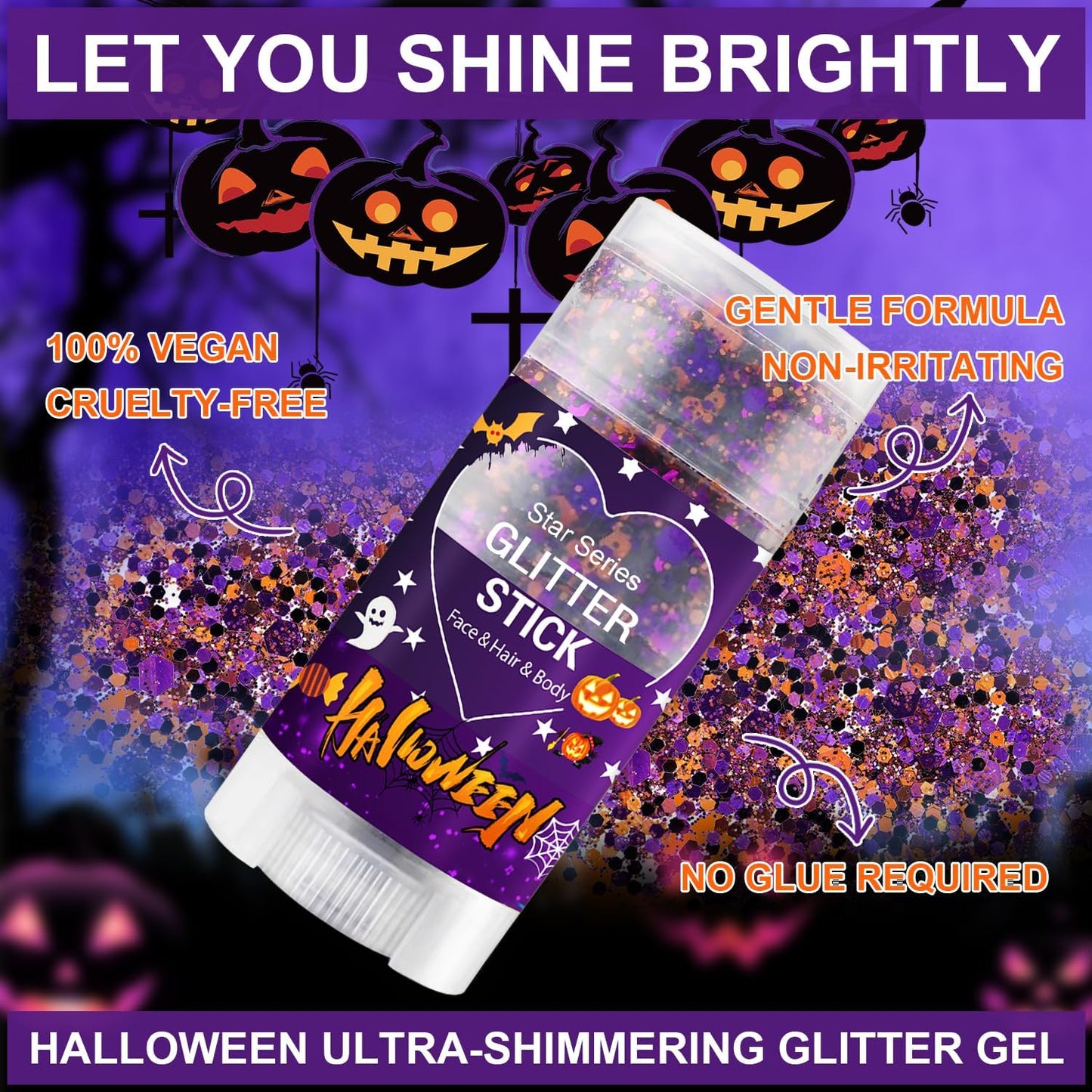 Halloween Body Glitter Stick, Black Purple and Orange Face Glitter Accessories for Rumi Costume and Rumi Cosplay, Waterproof Face Hair Glitter Makeup, Hallows' Eve Glitter Makeup for Kids and Women