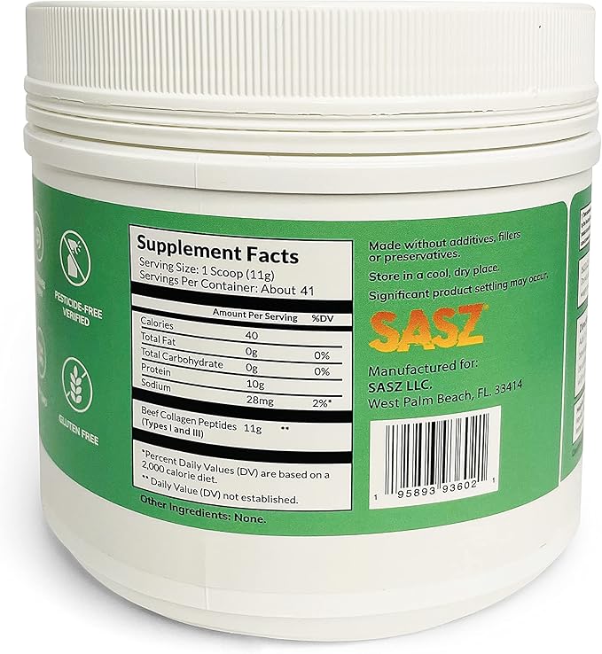 SASZ Hydrolyzed Bovine Collagen Peptides Powder 1lb Jar Clean Collagen Unflavored Grass-Fed Non-GMO Kosher Highly Soluble Protein
