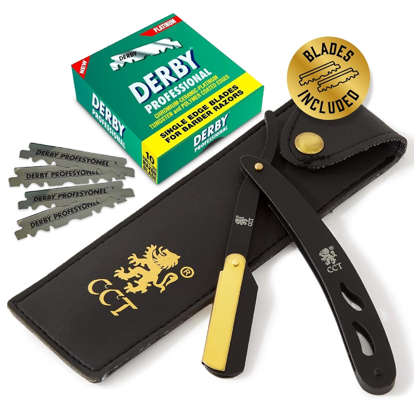 The Cambridge Cutthroat® Cut Throat Razor Kit with Blades & Travel Pouch - Black & Gold Stainless Steel Professional Barber Shaver Men - Straight Edge Moustache & Beard Shaper