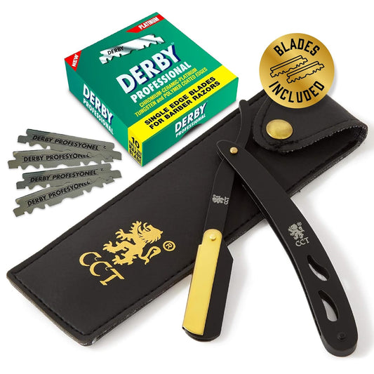 The Cambridge Cutthroat® Cut Throat Razor Kit with Blades & Travel Pouch - Black & Gold Stainless Steel Professional Barber Shaver Men - Straight Edge Moustache & Beard Shaper