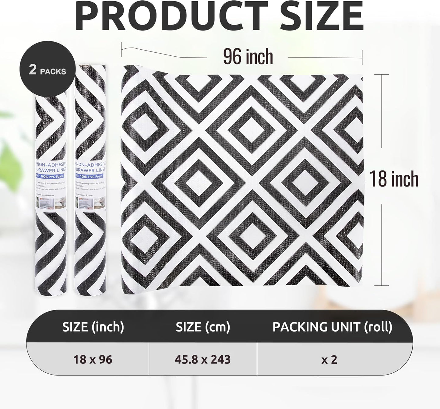 RAY STAR 18X96 Inch Shelf Liner for Kitchen Cabinets, Non-Adhesive Cabinet Liner Washable, PVC Drawer Liner for Dresser Non-Slip Bathroom (Modern Black)(2 Roll)