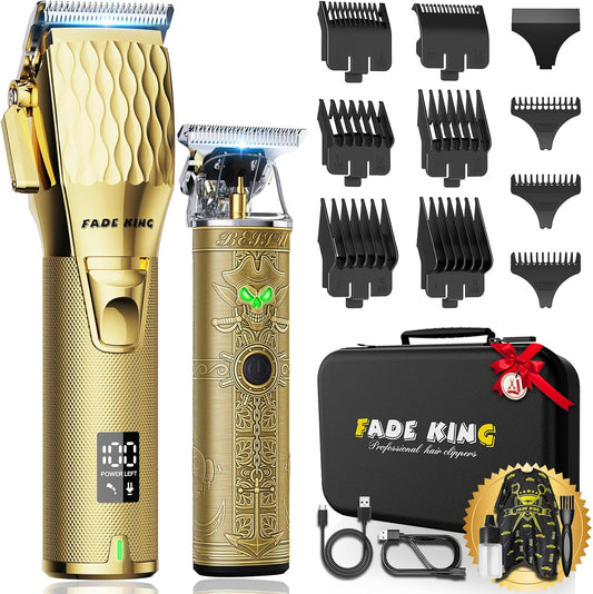FADEKING® Professional Hair Clippers & Beard Trimmer Set for Men – Cordless Barber Clippers with LCD Display, Precision Trimmer & Travel Case – Gifts for Men Husband Father (Gold + Bronze)