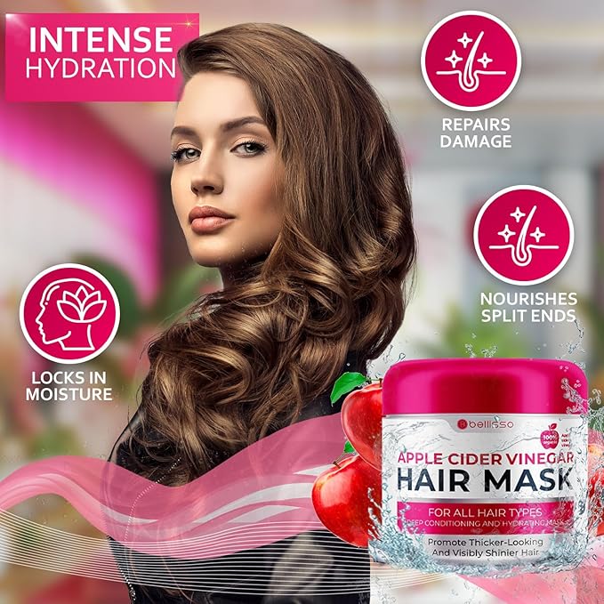 Apple Cider Vinegar Deep Conditioning Mask - Treatment for Dry Damaged Hair and Split End Repair - Sulfate Free Formula with Collagen, Keratin and Argan Oil - For Flaky Scalp and Dandruff Relief