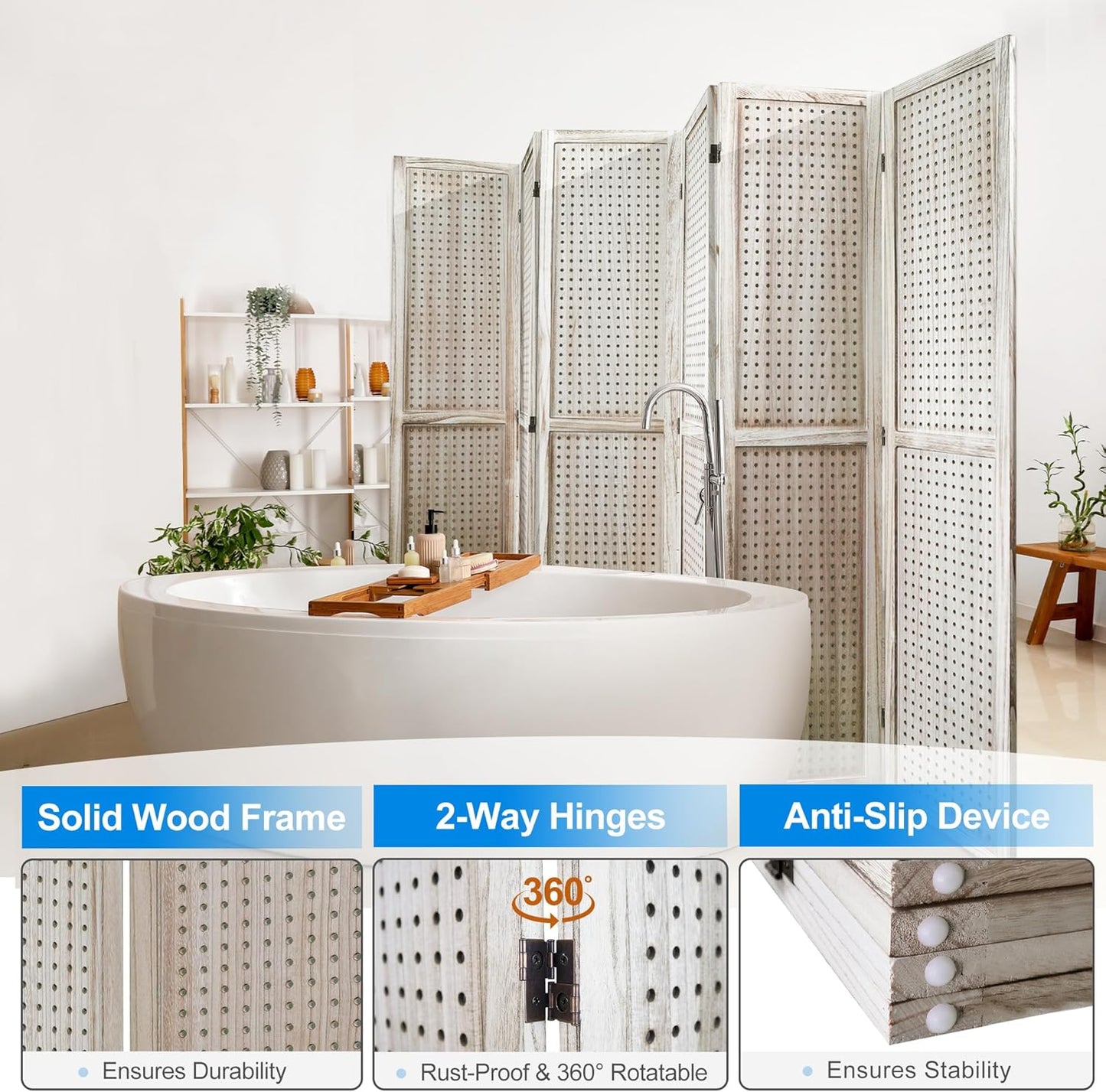 2 PCS Room Dividers 6 Panel Pegboard Display 5.6FT Wood PegBoard Room Divider,Folding Privacy Screens Portable Freestanding Partition Wall Divider for Art Shows & Room Separation, Natural Wood