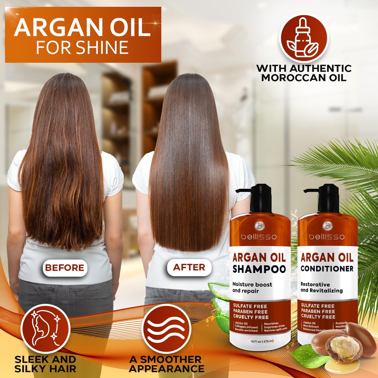 Moroccan Argan Oil Shampoo and Conditioner Set - Sulfate Free with No Parabens - Botanicals for Women and Men - Professional Moisturizing, Anti Frizz, Hydrating Solution for Dry, Wavy and Curly Hair