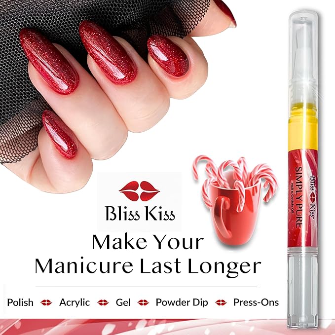 Bliss Kiss | 1 Candy Cane Fragrance | Nail Oil Cuticle Pen w/Vitamin E & Jojoba⏤Nail Strengthener Nail Growth Serum for Brittle Peeling Breaking Thin Nails