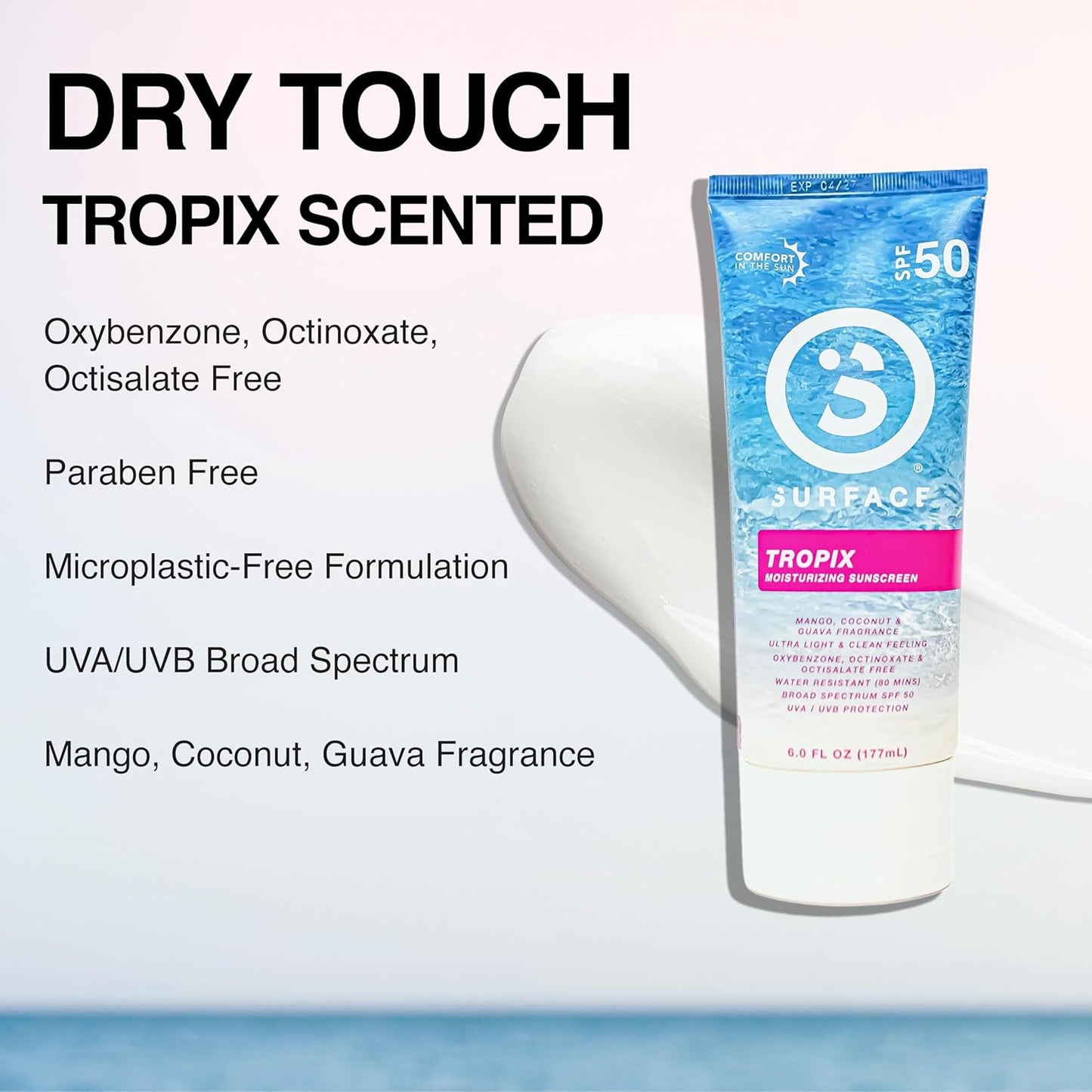 Surface Sunscreen Lotion SPF 50 for Face & Body, Lightweight Natural Formula, Reef Friendly, Broad Spectrum UVA UVB Protection, Water Resistant Sun Care for 80 Minutes Outdoor Use, Tropical Scent, 6oz