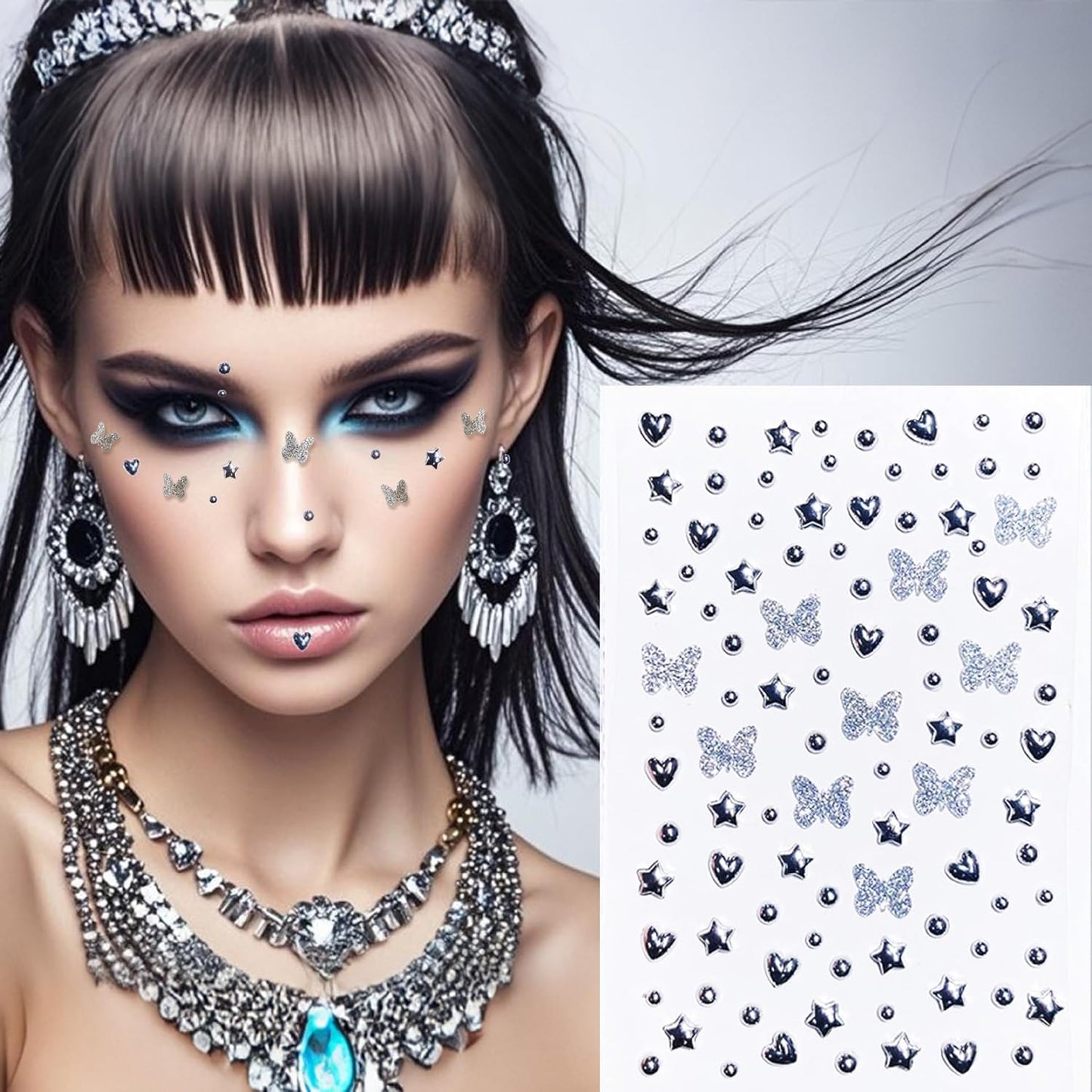 Fake Metallic Eye Corners Face Jewels Silver Gold Butterfly Face Gems Tattoo Decorations Body Glitter Crystal Sticker Temporary Tattoo, 2-Pack