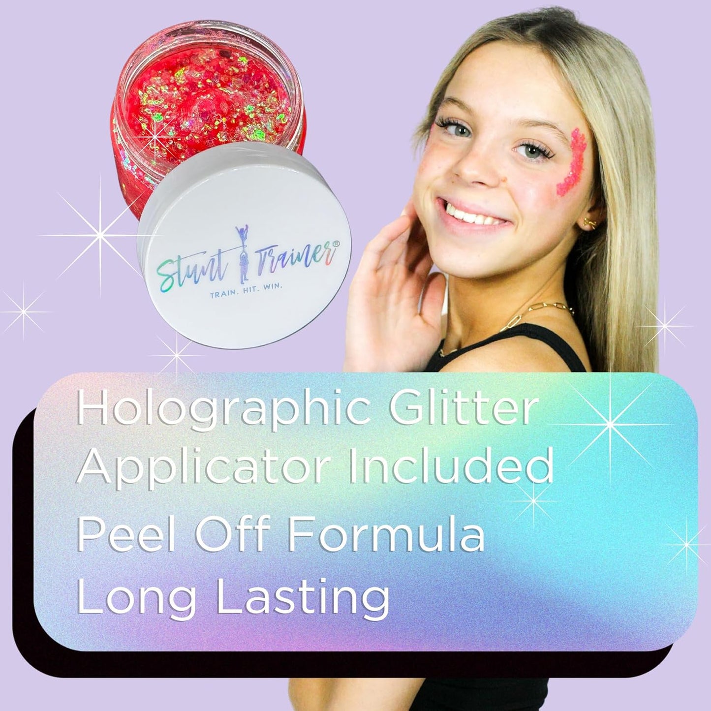 Stunt Trainer Cheer Glitter Face Body Makeup Peel Off Gel Chunky Holographic 15 Colors 1.6oz Vegan Cruelty Free Nontoxic Cheerleader Cheerleading Makeup