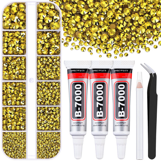 Resin Rhinestones for Crafting with B7000 Jewelry Glue, 1 Box Bright Gold Flatback Crystals with 3Pcs 10ml Glue for Bedazzling Crafts DIY Nail Art Makeup，Non Hotfix Gems for Clothing Shoes