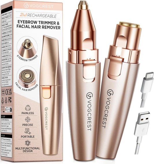 VG VOGCREST Eyebrow & Facial Trimmer: 2 in1 Rechargeable Facial Hair Removal & Eyebrow Shaver - Body Razor with Built-in LED Light (Rose Gold)