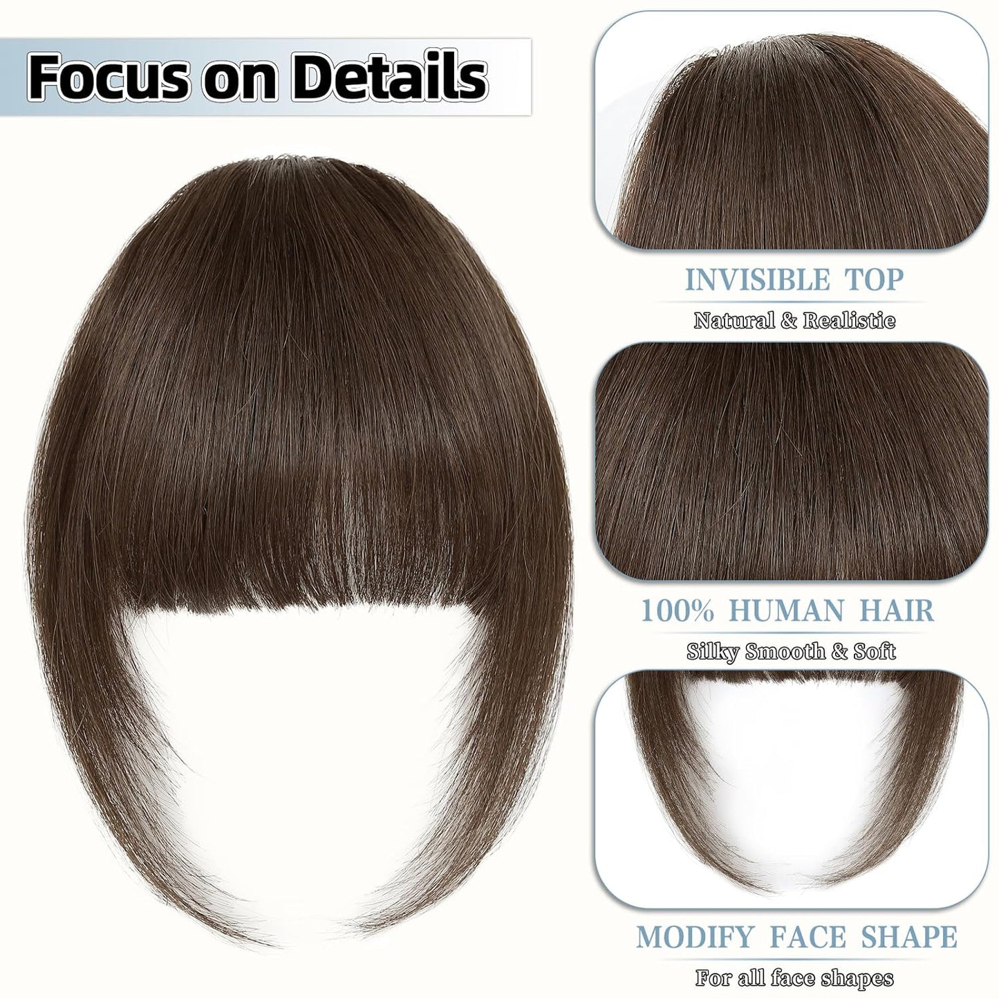 Clip In Bangs for Women, Medium Brown French Bangs Hair Clip with Temples, 100% Real Human Hair Layered Curved Fringe for Halloween and Daily Use(Medium Brown, French Bangs)