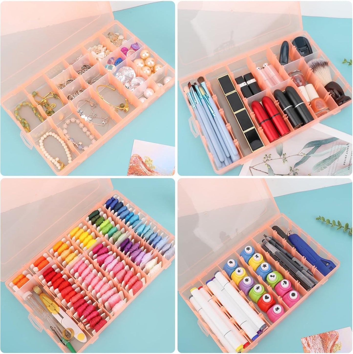 Nail Art Organizer Box, 36-Grid Empty False Nail Tip Storage Box Organizing Containers for Nail Crystals, Rhinestones Nail Accessories with Adjustable Plastic Dividers, 2 Packs, Orange