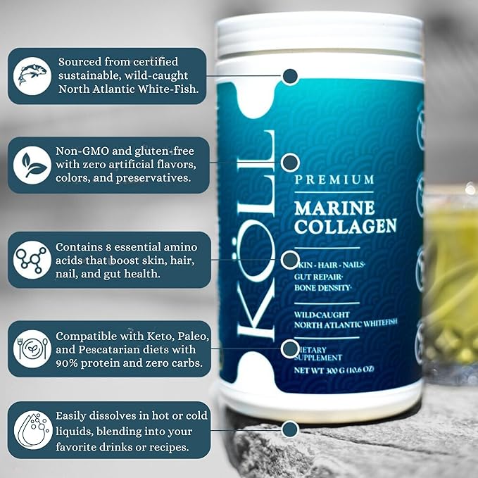 KÖLL Marine Collagen Peptides Powder, Unflavored & Sugar-Free | 10,000mg Hydrolyzed Collagen Supplements | Wild-Caught Sourced, Non-GMO & Zero Preservatives Type 1 Collagen for Bone & Skin Health