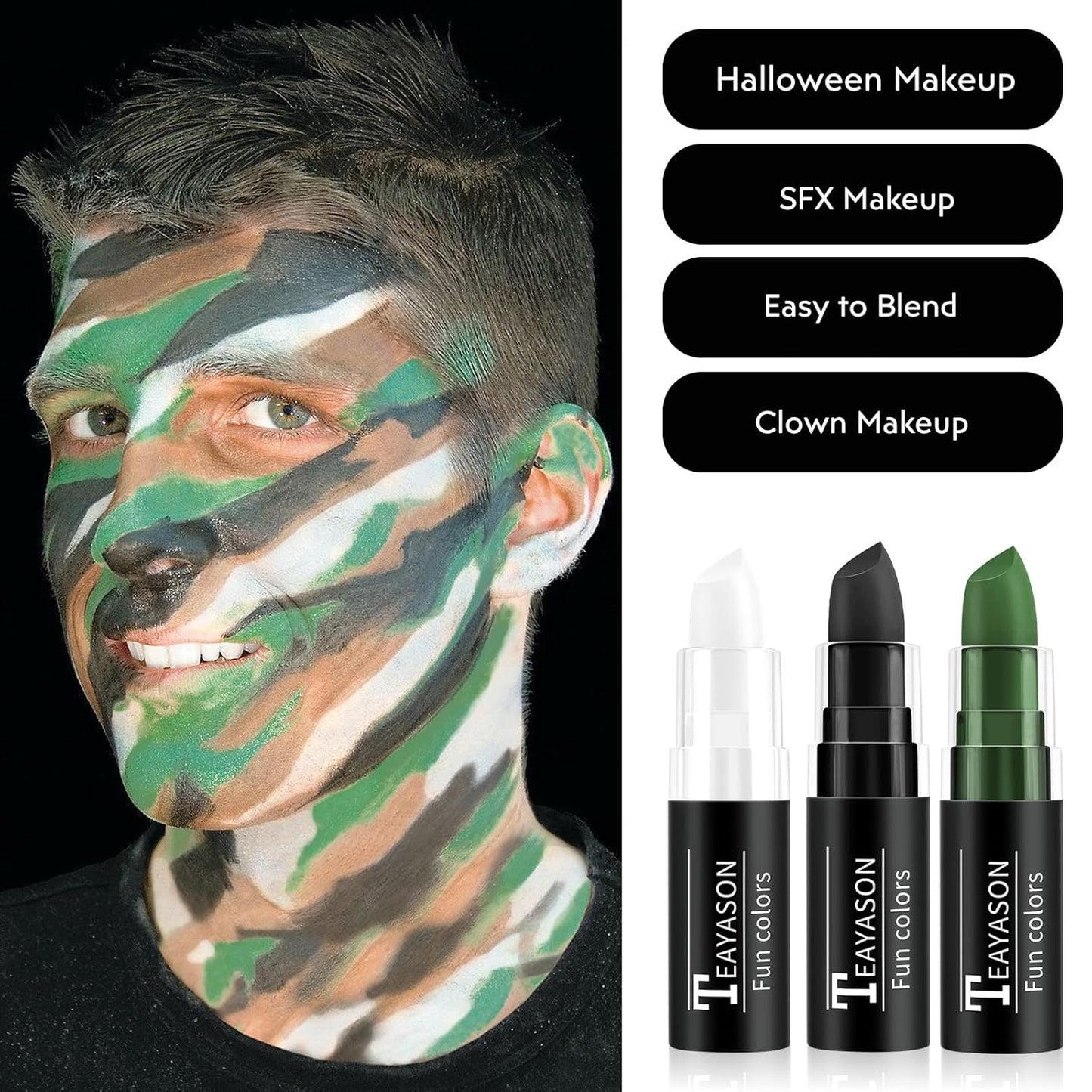 Black Green White Face Paint Halloween Makeup Kit, Matte Lipstick Set Football Baseball Eye Black Stick, Body Paint Face Makeup for Halloween Zombie Clown Vampire Skeleton Witch Joker