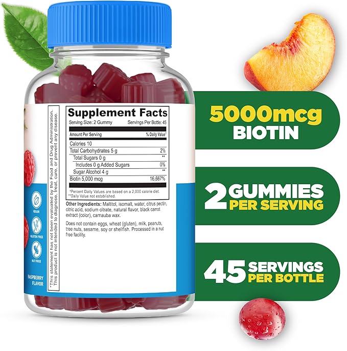 Lifeable Sugar Free Biotin Gummies | 5000mcg Vitamin B7 | Great Tasting Biotin Supplement | for Hair Growth, Skin and Nail Health | Hair Supplement for Women, Men, Adults | 90 Gummies