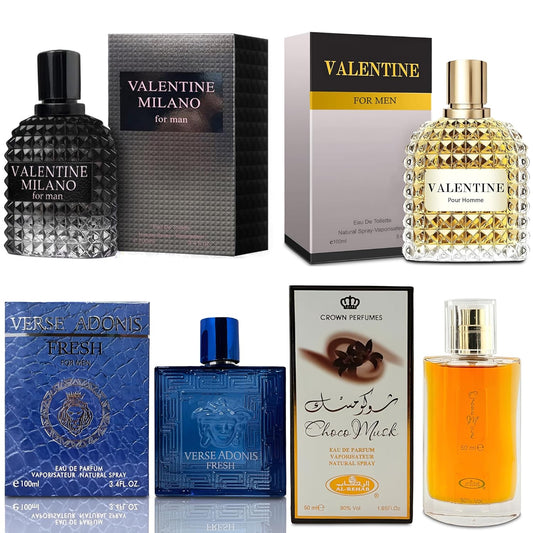 Men's Cologne Gift Set Include Valentine Milano,Valentine,Choco Musk & Verse Adonis Fresh - 3.4 Fl Oz Each | Vanilla Bourbon, Leather & Amber Floral Fragrance | Luxury Eau de Toilette Quartet