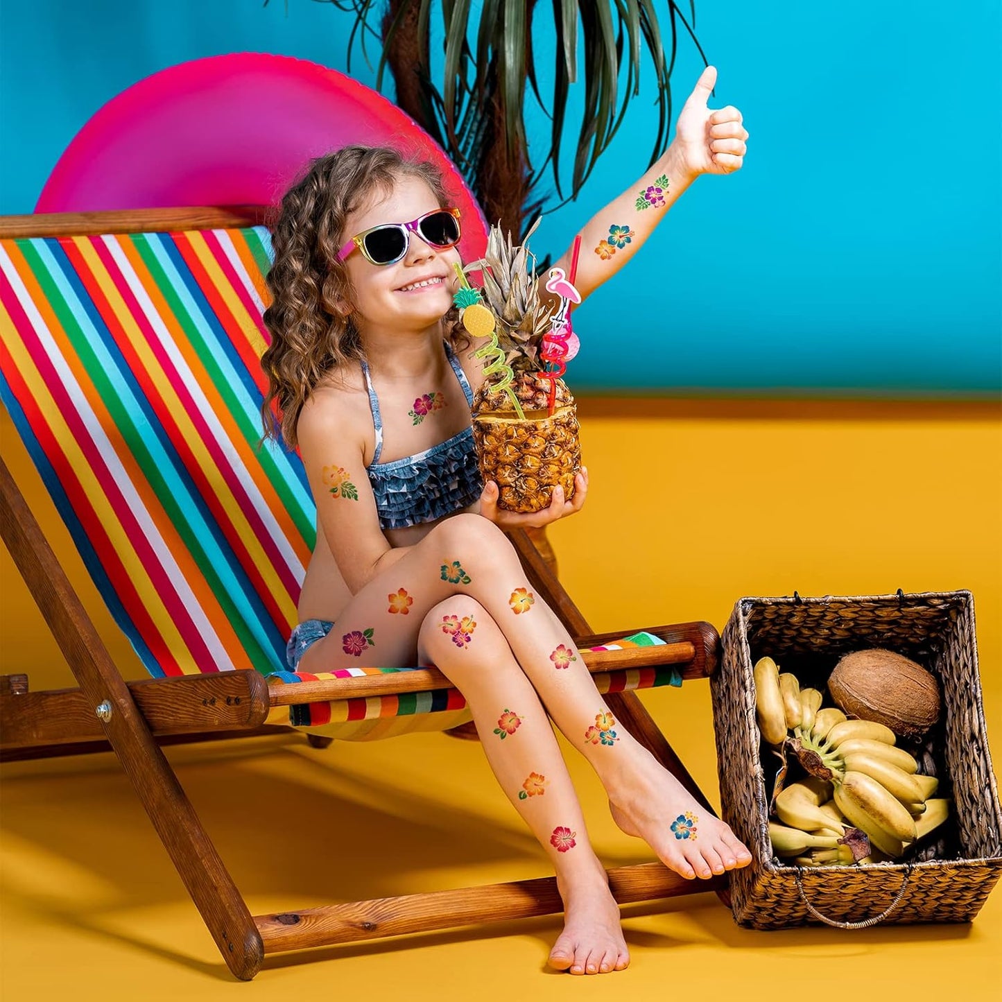 Nosiny 240 Pcs Hibiscus Glitter Tattoos Hawaiian Temporary Tattoos Flower Luau Stickers Summer Decal Stickers Tropical for Women Men Body Face Hawaiian Themed Party