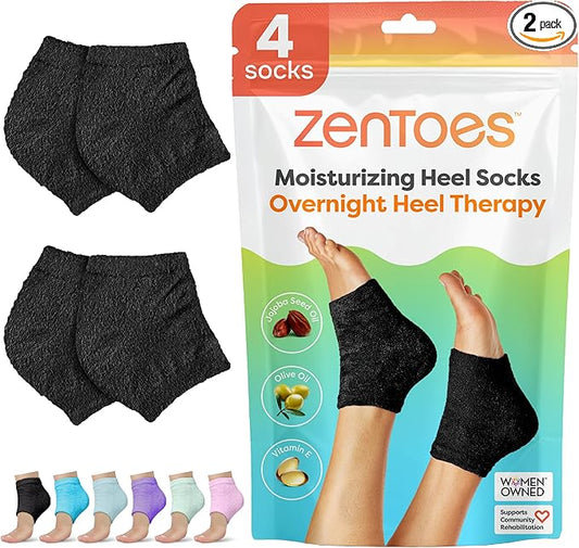 ZenToes Moisturizing Socks for Cracked Heel Treatment - Vitamin E, Olive Oil and Jojoba Oil Infused Heel Socks to Soften and Hydrate (Fuzzy Black, Regular)