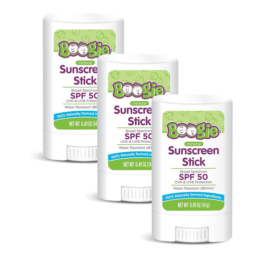 Baby Sunscreen Stick by Boogie Block, Mineral Sunscreen SPF 50, Travel Size Sunblock for Kids, Zinc Oxide, Water Resistant, Vegan, Fragrance Free Pack of 3