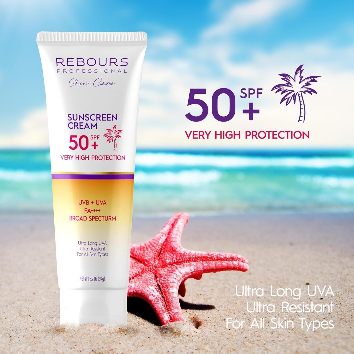 Rebours Facial Sunscreen SPF 50 – Broad Spectrum UVA/UVB High Protection, Fast Absorbing, Lightweight, Non-Greasy, Water-Resistant Face Cream for Daily Use, Suitable for All Skin Types, 3.2 oz