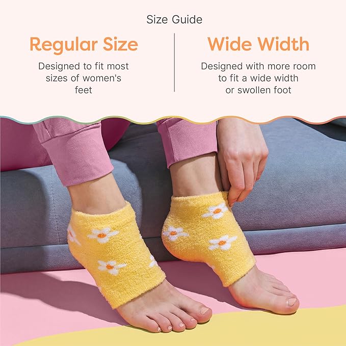 ZenToes Moisturizing Socks for Cracked Heel Treatment - Vitamin E, Olive Oil and Jojoba Oil Infused Heel Socks to Soften and Hydrate (Yellow & White Daisies, Regular)