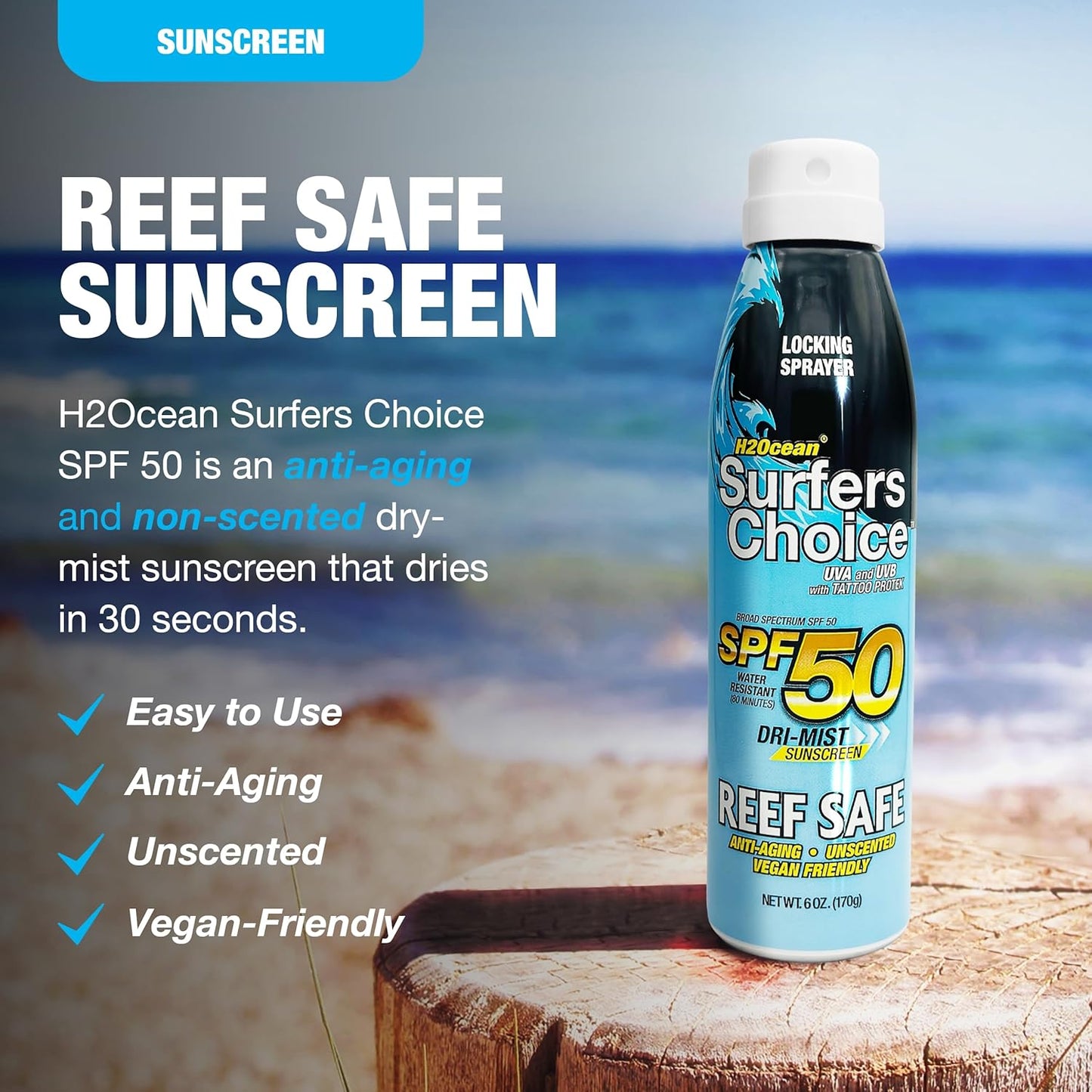 H2Ocean Surfers Choice SPF 50 Spray - Quick-Drying Sunscreen Spray for Tattoo Aftercare & UV Protection - Reef-Safe Sun Protection for All Ages - 6 oz (Pack of 2)