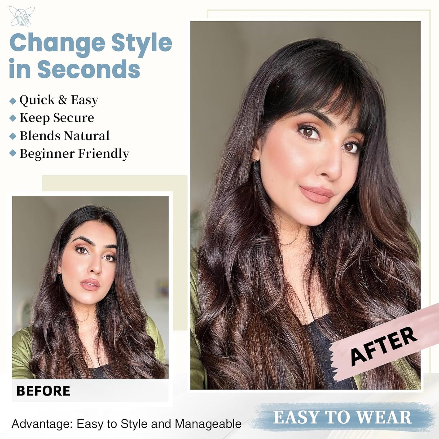 Clip In Bangs for Women, Dark Brown French Bangs Hair Clip with Temples, 100% Real Human Hair Layered Curved Fringe for Halloween and Daily Use(Dark Brown, French Bangs)