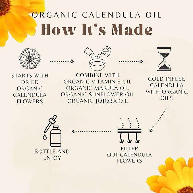 Organic Calendula Oil For Sensitive Skin - USDA Certified 100% Plant Based, Lightweight & Unscented Gentle Soothing Oil For Sensitive Skin - For Face, All Over - Large 4.06 Fl Oz Glass & Dropper