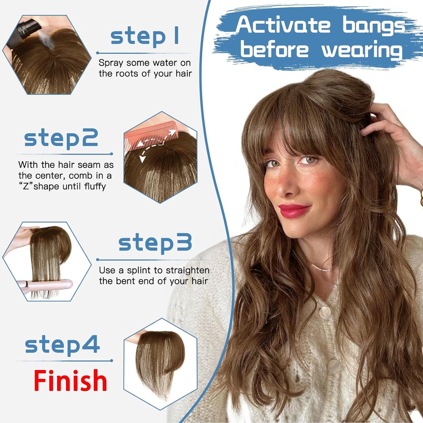 MORICA Bangs Hair Clip, 360° 3D Cover Clip in Bangs 100% Real Human Hair Toppers with Bangs，Hair pieces for Women Fake Bangs for Daily Wear (Brown, 5×7 3D Bangs)