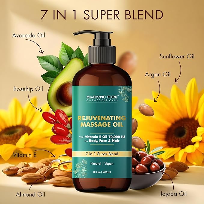 Majestic Pure Vitamin E 70k Blend Massage Oil with Sweet Almond, Jojoba, Argan, Avocado | Invigorating, Refreshing, and Relaxing | for All Skin Types - Men and Women | 8 Fl Oz