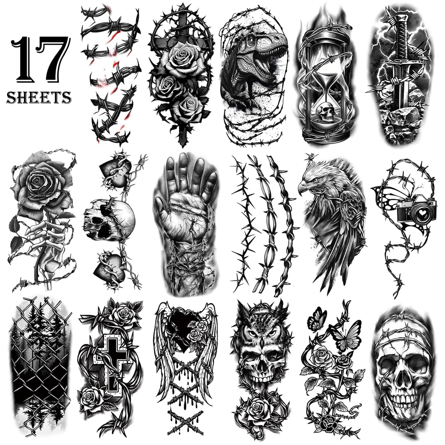 Barbed Wire Temporary Tattoos, 77 Sheets Horrible Realistic Fake Tattoo Designs for Adults, Waterproof Half Arm Small Tattoos for Men and Women