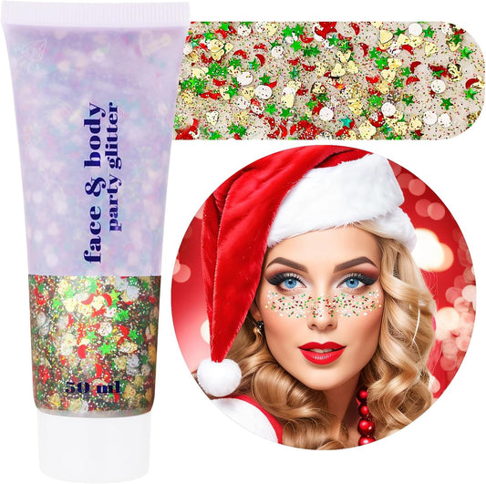 Christmas Makeup Face Glitter Gel,Green Red Body Glitter Gel Rave Accessories,Stocking Stuffers Kids Self-Adhesive Sequins Glitter,Sparkling Festival Party Gift for Women Girls,50ML