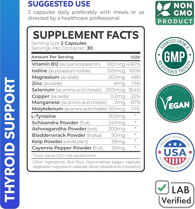 Thyroid Support with Iodine (Non-GMO) Improve B12 Complex 60 Capsules