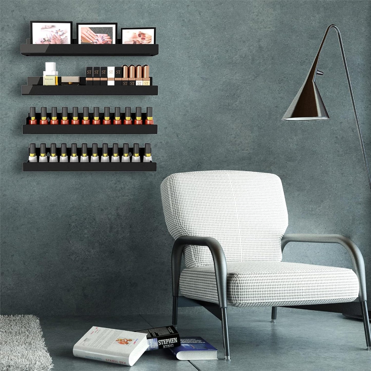 8 Pack 15 Inch Black Acrylic Shelves, Black Kids Floating Bookshelf for Kids Room, Modern Nail Polish Rack Sunglasses Essential Oil Picture Ledge Display Toy Storage Wall Shelf