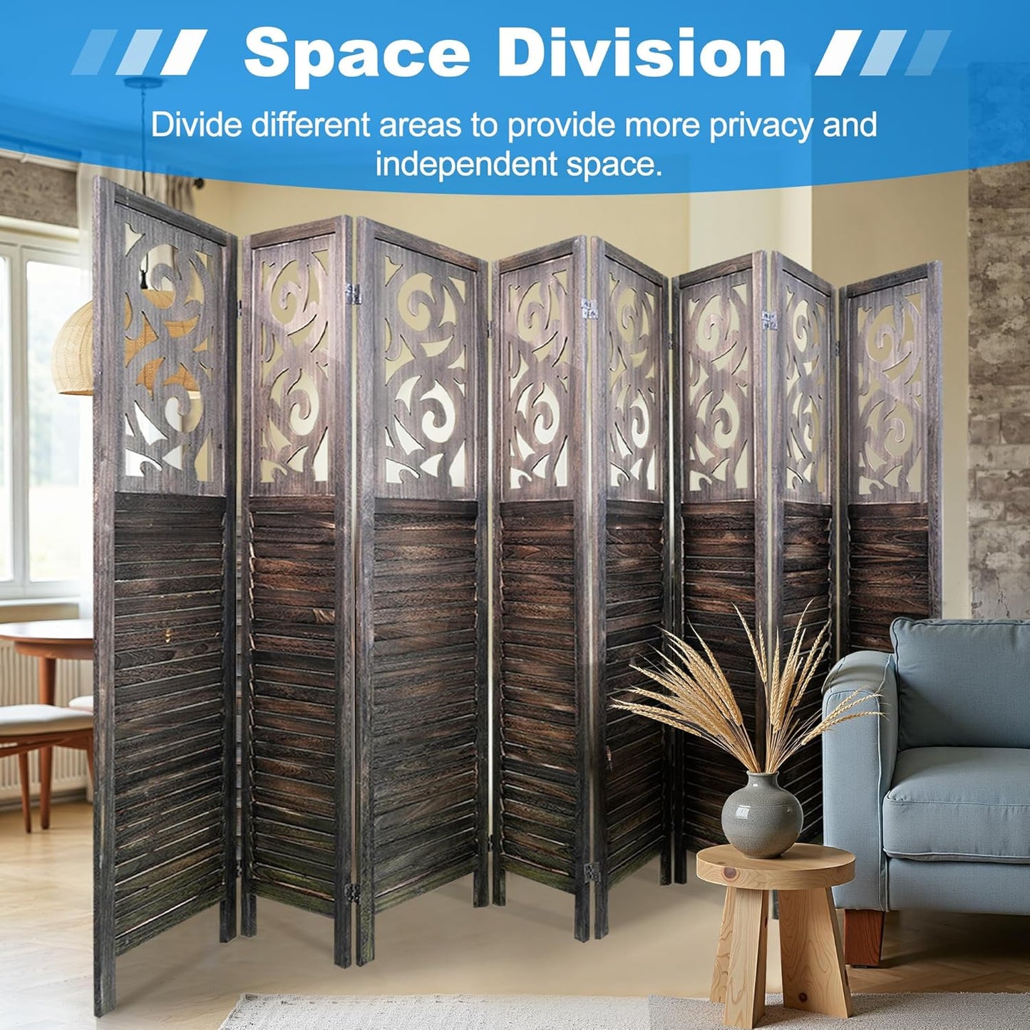 8 Panel Room Divider 5.6FT Wood Carved Room Dividers, Folding Privacy Screens Portable Freestanding Partition Wall Dividers for Bedroom, Office, Rustic Brown