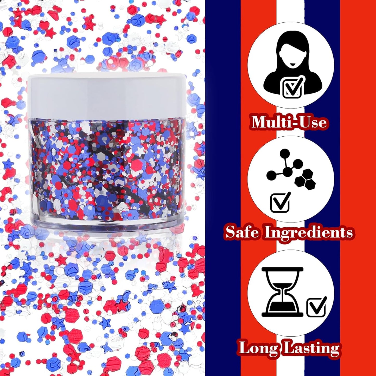 Red White Blue Patriotic Face Glitter & USA Star Headband Set,4th of July Hair Glitter Accessories,Blue Body Glitter Makeup,Fourth of July Outfits for Women Girls Kids