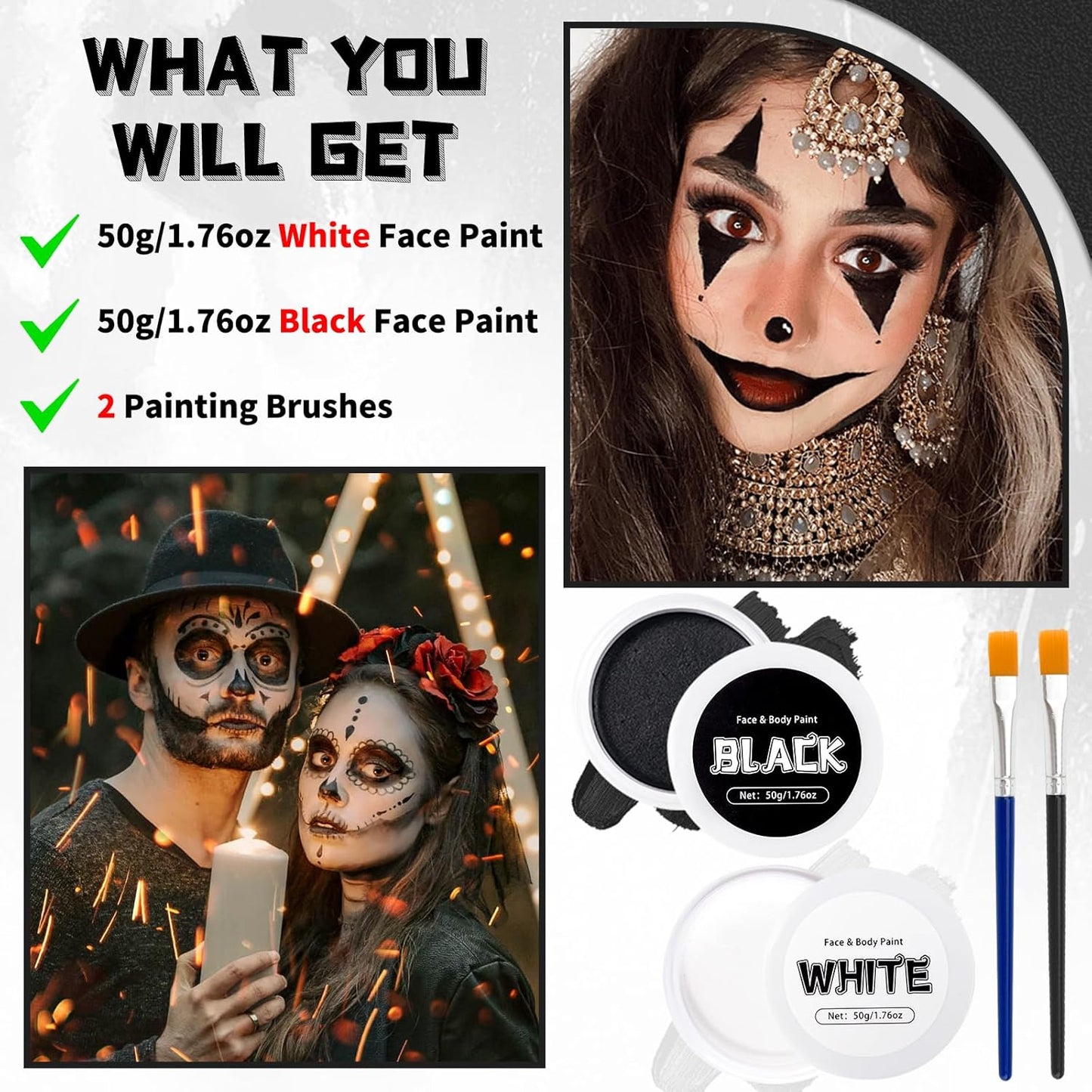 TonJin Black + White Face Body Paint Set 3.5oz/100g, Non-Toxic Professional Facepaint Makeup Kit with 2 Brushes for Kids & Adults Art Theater Halloween Party Cosplay Clown Corpse Goth SFX Makeup